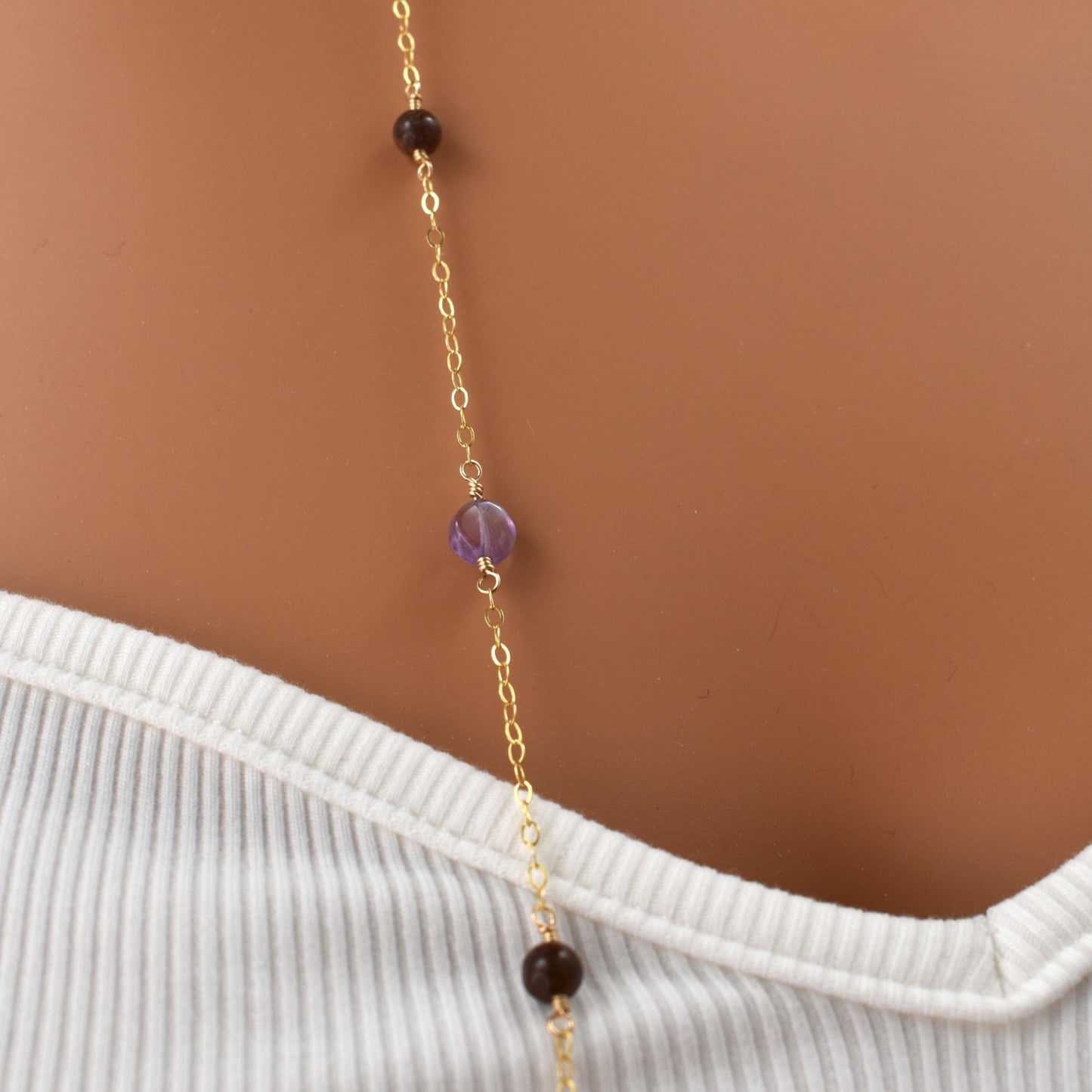 Long purple stone necklace on 14Kt gold filled chain, 36 inches long with amethyst and aventurine close up.