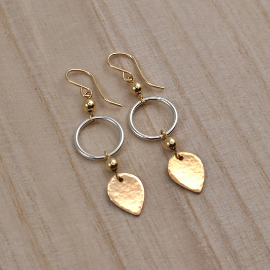 Silver and gold mixed metal boho dangle earrings, circle and teardrop.