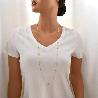 Long gold bead necklace for women, 36 inches.