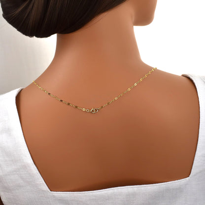 Long gold chain necklace, 36 inches, back view of clasp.