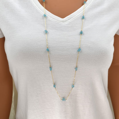 Long Gold Necklace with Blue Apatite Chip Beads