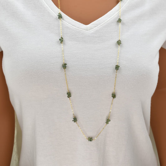 Long Gold Necklace with Green Apatite Chip Beads