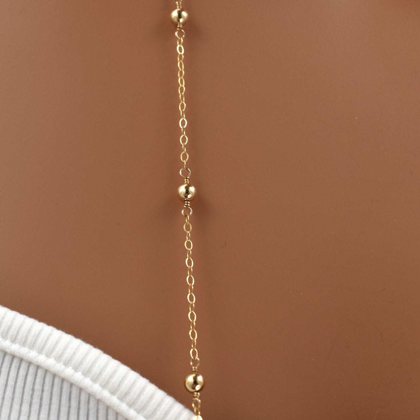 long gold bead necklace, 14Kt gold filled, close up.