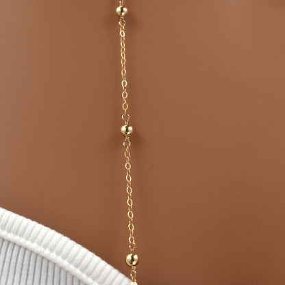 long gold bead necklace, 14Kt gold filled, close up.