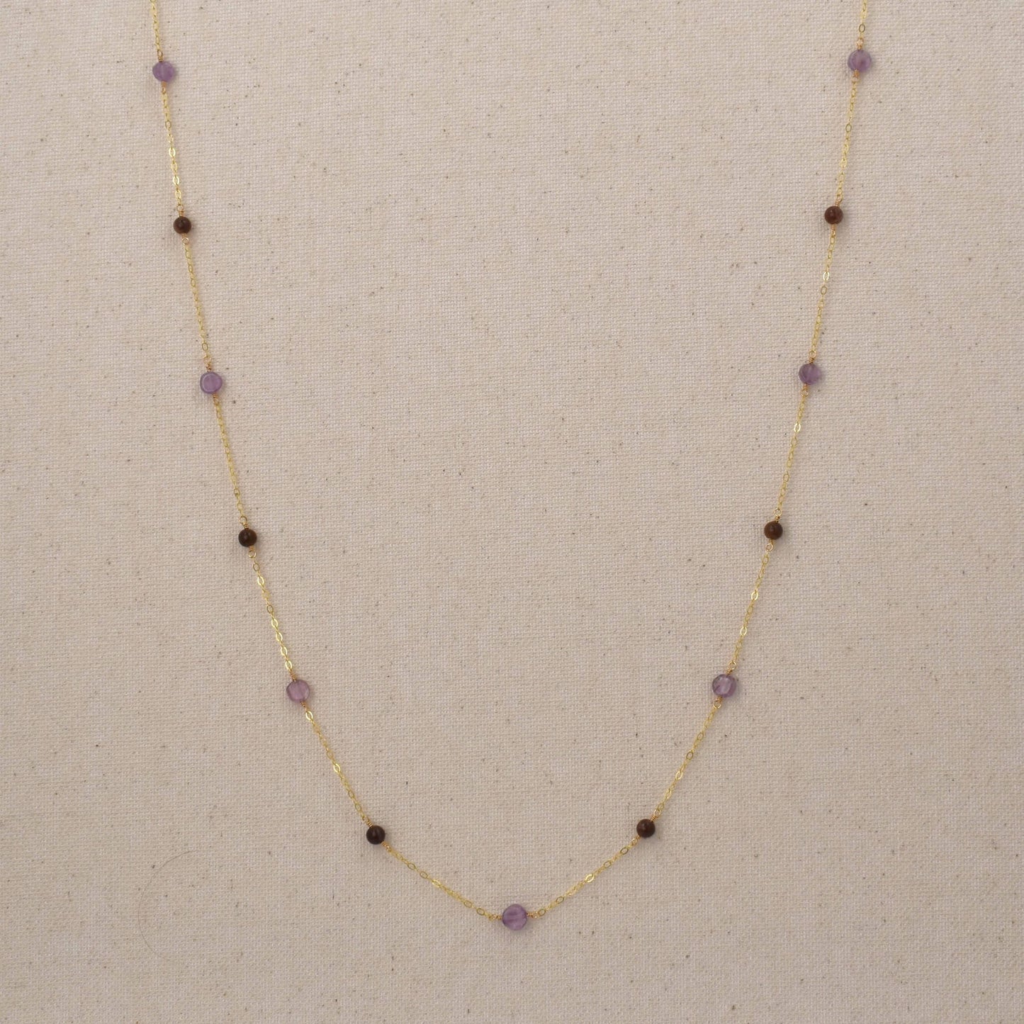 Long purple stone necklace on 14Kt gold filled chain with amethyst and aventurine