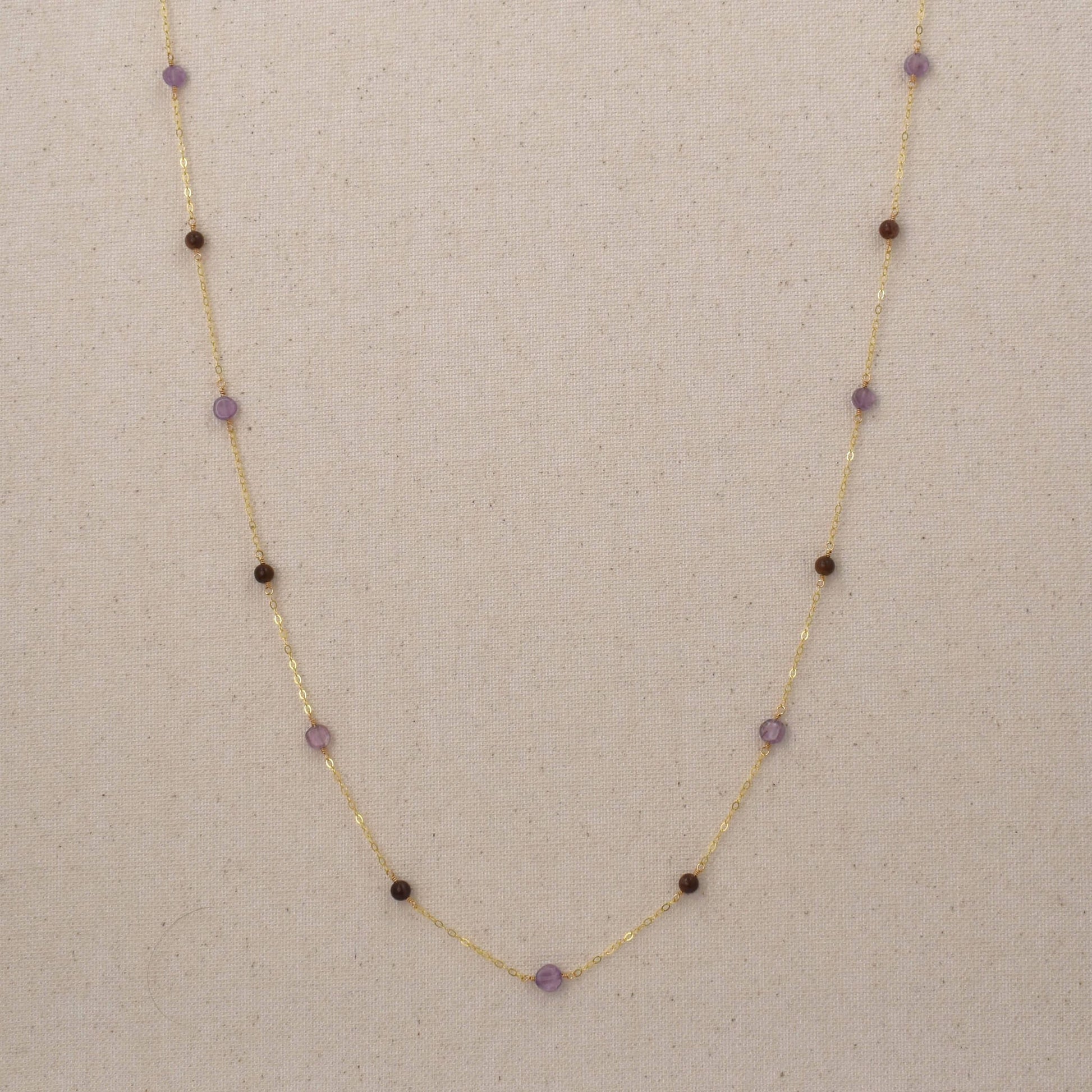 Long purple stone necklace on 14Kt gold filled chain with amethyst and aventurine